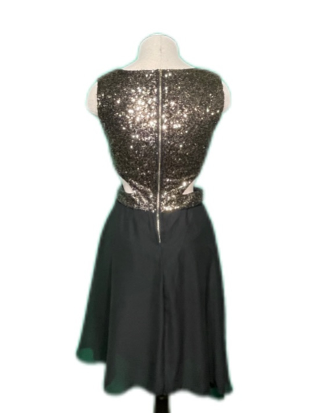 Vintage Black Gold Sequin Dress | Chiffon Skirt Side Cutouts | Small Extra Small - Picture 3 of 12